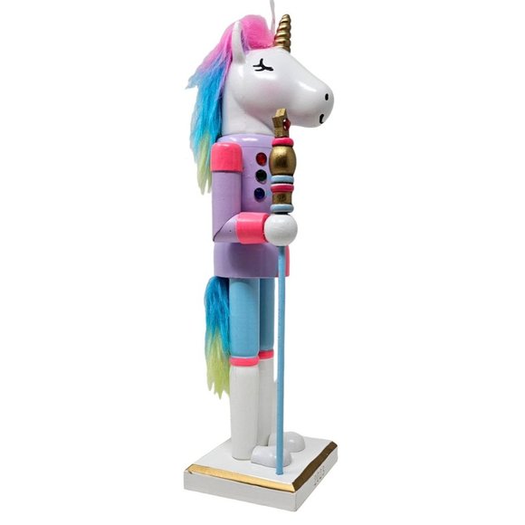 Pastel Rainbow Unicorn Christmas Wood 13" Nutcracker - Picture 3 of 5